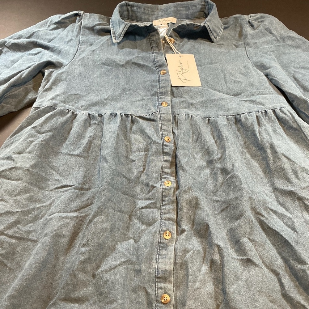 Pologram Chambray Button Front Dress Medium Blue Denim NWT - Picture 2 of 8